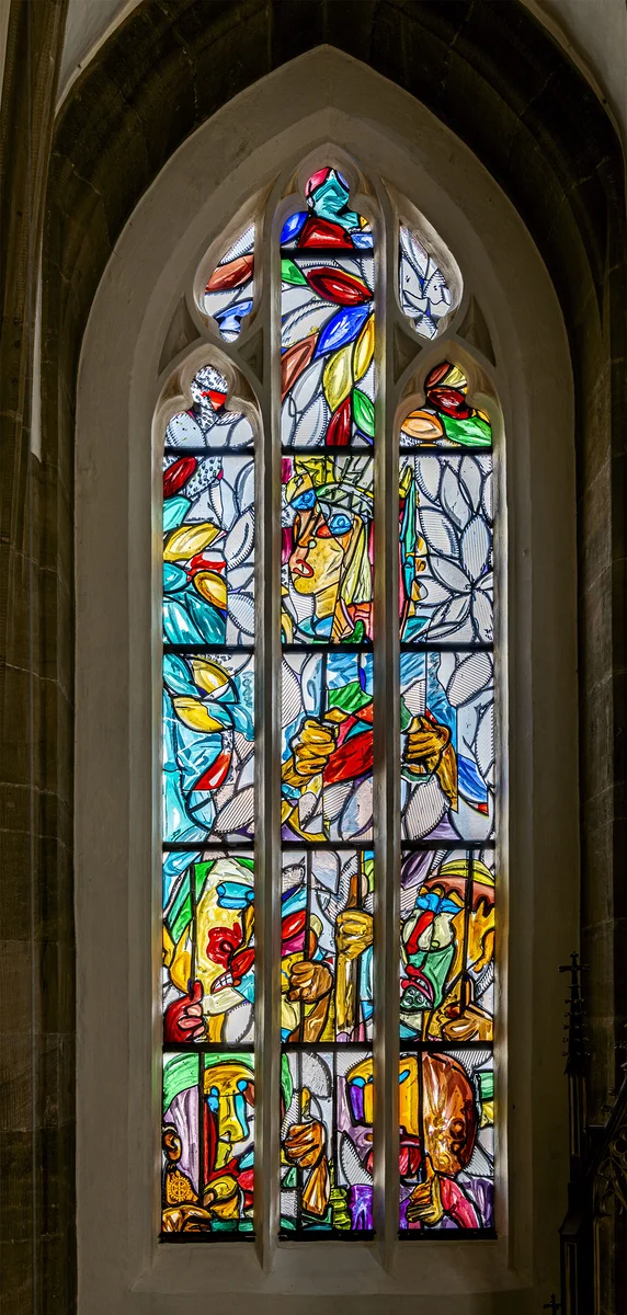 Lüpertzfenster in der Kirche St. Elisabeth Bamberg - Gefängnis, Gefangene besuchen