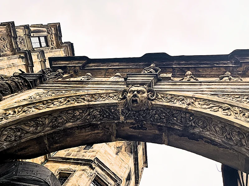 Ein Zwilling im Torbogen der Alten Hofhaltung Widderkopfmaske am höchsten Punkt des Torbogens der Schönen Pforte, dem Prachtportal der Alten Hofhaltung in Bamberg.